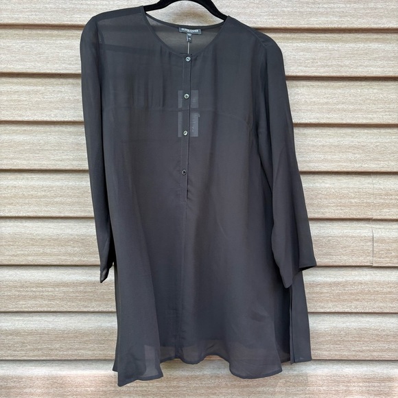 Eileen Fisher Black Silk Georgette Round Neck Tunic - Picture 2 of 4